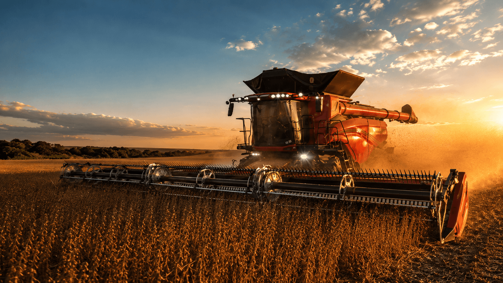 Cosechadora CASE IH trabajando al atardecer