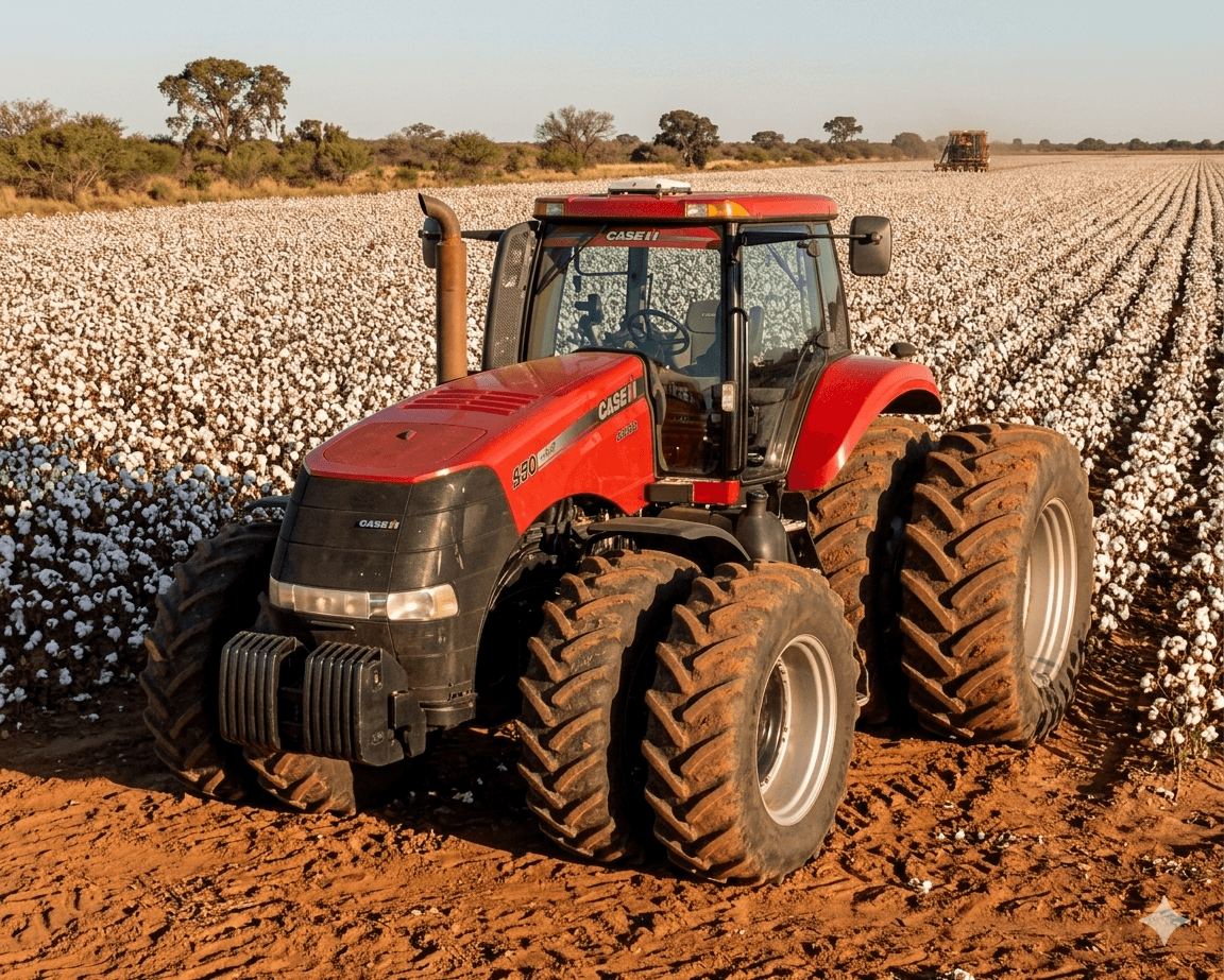 Tractor CASE IH trabajando en un campo de algodon